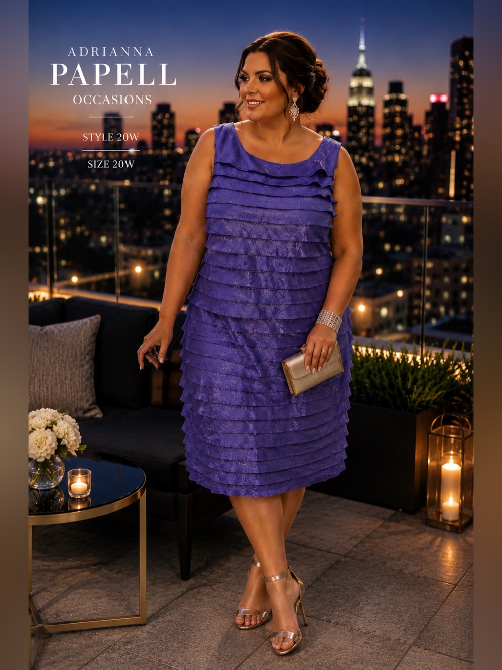 Adrianna Papell Purple Tiered Cocktail Dress 20W Sleeveless Wedding Guest G